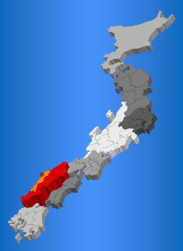 Mapa destacando região de Chugoku e a prefeitura de Shimane-ken